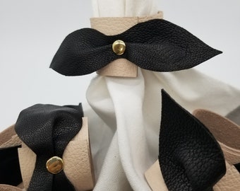 Leather Napkin Rings, Set of 8 Blush Pink Genuine Leather with a Black Leather Bow attached with a Gold Rivet, Bling for Dinner Table