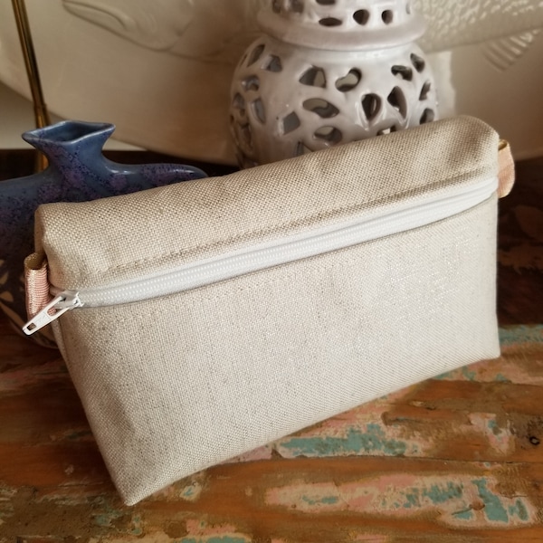 Cosmetic, makeup bag in Silvery linen fabric, zipper and pink/gold ribbon accents, perfect for dresser, tote bag or travel, bride gift