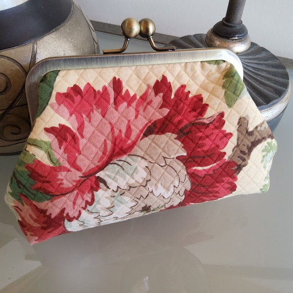 Darling Little Handbag, Pre-Quilted Flower Patterned Fabric, Pale Yellow With Red, Pink Flowers, Snap Lock Closure, Has Loops For Handle