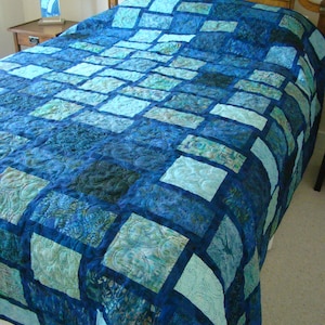 King or Queen Sized Batik Quilt in Fabulous Midnight Blue Pallet, Hand Dyed Bali Batik Fabrics For "In The Misty Moonlight"