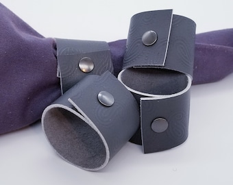 Leather Napkin Rings, Genuine Paisley Stamped Grey Leather with a Grey Snap to Close and Ease to Store, Subtle Pattern Design, Set of 4