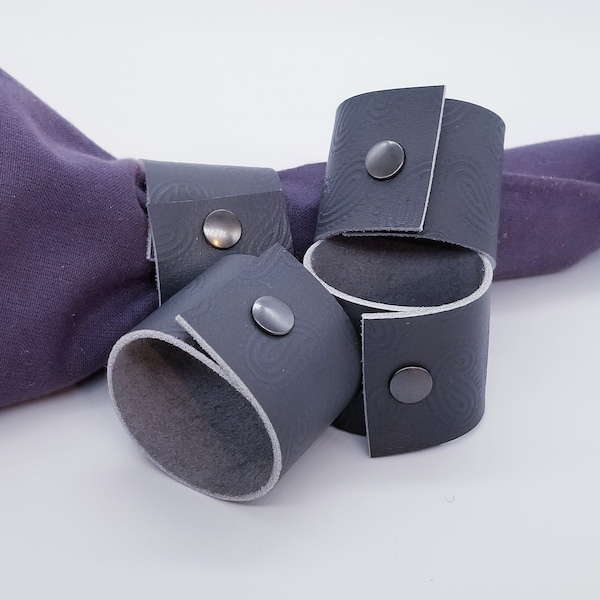 Leather Napkin Rings, Genuine Paisley Stamped Grey Leather with a Grey Snap to Close and Ease to Store, Subtle Pattern Design, Set of 4