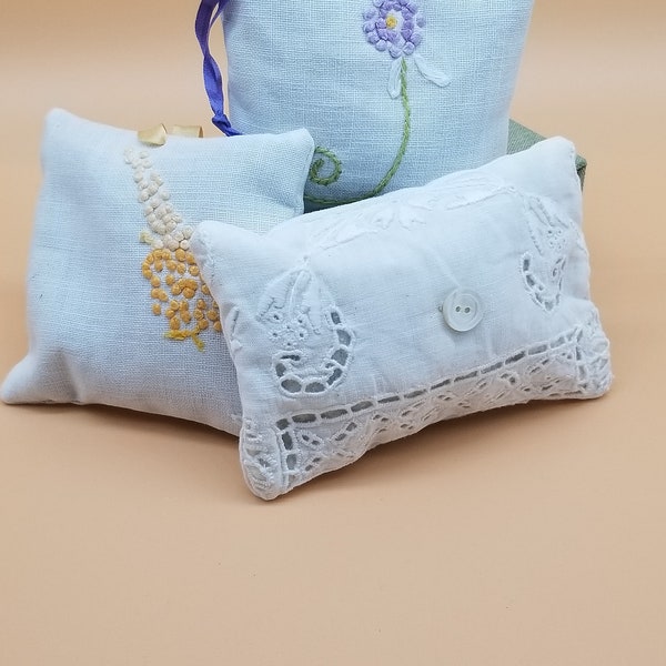 Lavender Sachets Set of Three Handmade with Vintage pieces of linen hand embroidered accented with silk ribbon, silk ribbon loops, button.