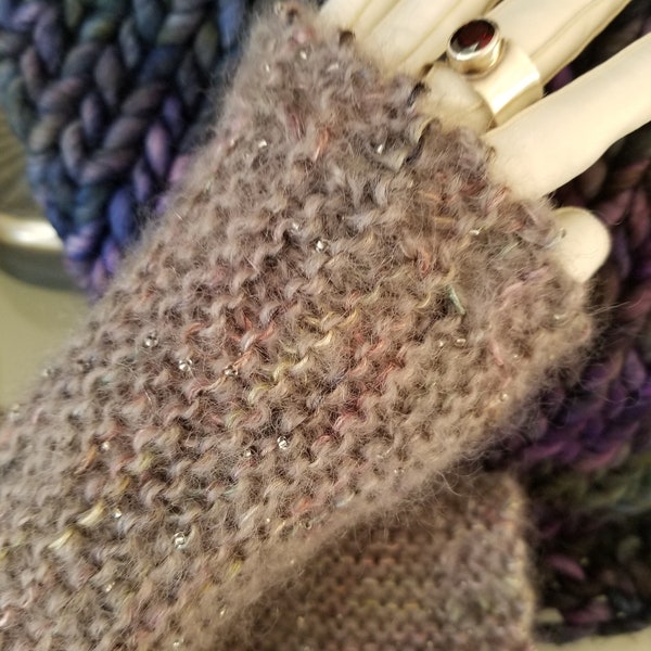 Fingerless Gloves, Hand Knit Kid Mohair and Silk Variegated Threads with Tiny Clear Beads for Bling, soft to Wear inside or out