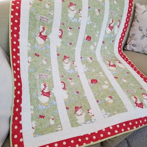 Child&#39;s Quilt with Ducks at play &quot;Puddle Ducks&quot;  Mint Green, accents of Red, White, Blue and Yellow with White Strips Red with White Dots