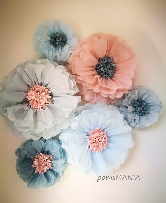 Pale gray/Ice blue/Vintage rose/Duck egg blue Paper Flowers backdrop (5 units ) - 3D wall decorations - Party Centerpiece - Wedding arch