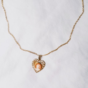 One-of-a-kind Handmade Charm Necklace - Vintage Gold Toned Peach Female Cameo Charm Pendant on Dainty Chain