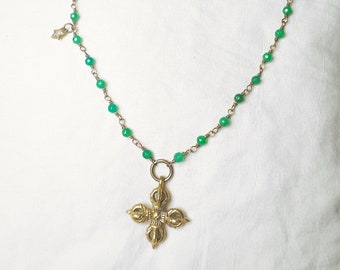 One-of-a-kind Handmade Vintage Style Cross & Star Charms on Green Beaded Chain