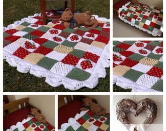 BABY Knitting Pattern PDF Knitted Patchwork picnic or cot Blanket Quick and Easy to knit, Strawberry motif chart included,