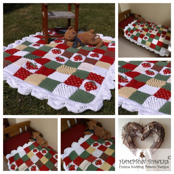 BABY Knitting Pattern PDF Knitted Patchwork picnic or cot Blanket Quick and Easy to knit, Strawberry motif chart included,