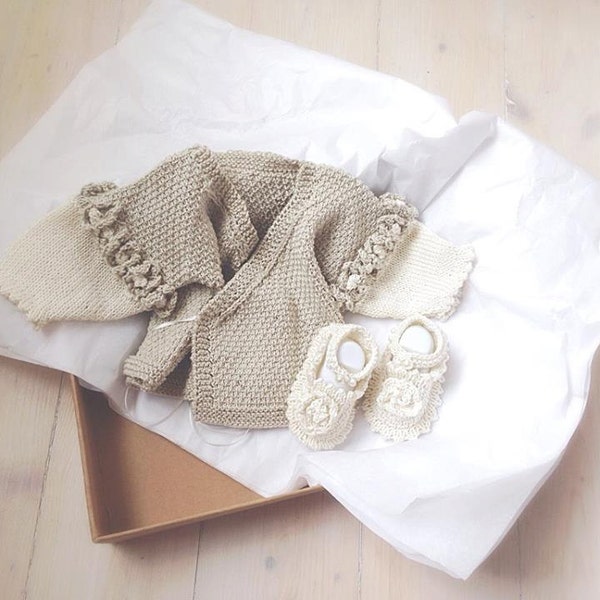 Baby Knitting Patterns. Baby Obi Wrap Wrapover/crossover Cardigan/Jacket and Shoes/Booties premature Baby sizes