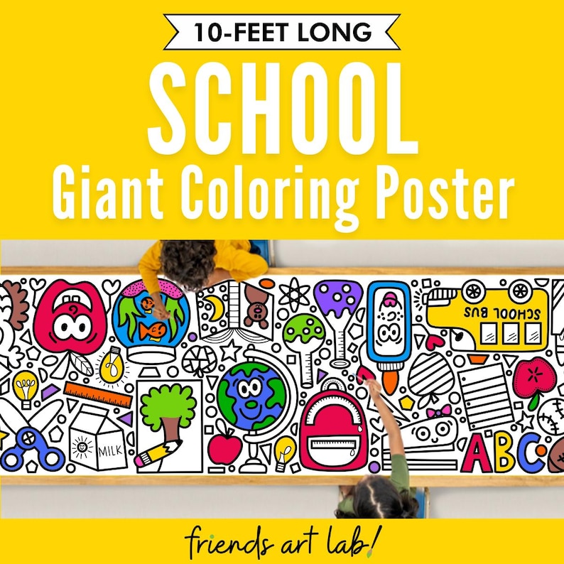 May include: A 10-foot long coloring poster with a school theme. The poster features a variety of illustrations, including a school bus, a globe, a backpack, and an apple. The poster is designed for children to color.