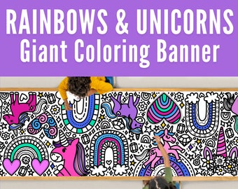 GIANT 10-Foot RAINBOWS & UNICORNS Coloring Page Banner | Coloring Poster | Party Decor | Coloring Tablecloth | 30"x120" Inches