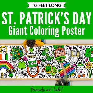 May include: A large, 10-foot long coloring poster featuring a St. Patrick's Day theme. The poster is filled with various illustrations, including shamrocks, rainbows, leprechauns, and pots of gold. The poster is designed for children to color.