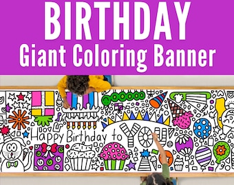 GIANT 10-Foot BIRTHDAY Coloring Page Banner | Coloring Poster | Kids Coloring Activity | Party Decor | Coloring Tablecloth | 30"x120" Inches