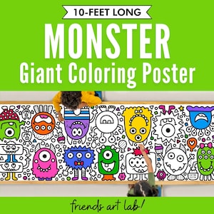May include: Two children color a large 10-foot long monster-themed coloring poster. The poster features a variety of colorful monsters with different expressions and features. The poster is printed on white paper and has a black outline.