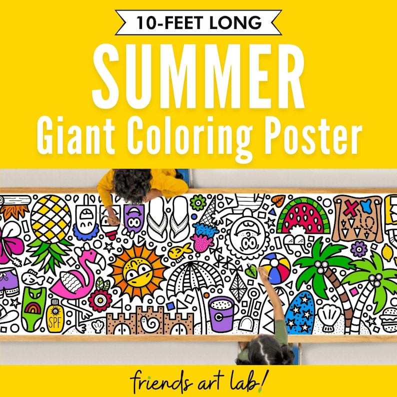 GIANT 10-Foot SUMMER Coloring Page Banner | Coloring Poster | Summertime | Kids Coloring Activity | Coloring Tablecloth | 30" x 120" Inches image 1