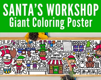 GIANT 10-Foot SANTA'S WORKSHOP Coloring Page Banner |Christmas Activity and Decoration |Christmas Tablecloth | Christmas Craft |30"x120"inch