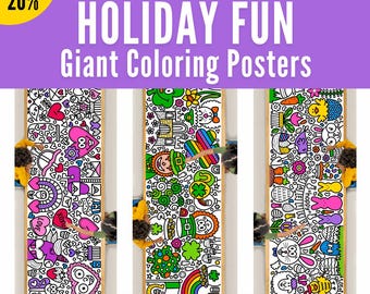 Giant 10-Foot HOLIDAY FUN 3-Pack BUNDLE Coloring Page Banners | Coloring Poster | Kids Coloring Activity | Party Decor | Coloring Tablecloth