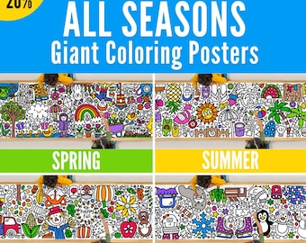 All Seasons Giant Coloring Poster BUNDLE | Summer, Fall, Winter, Spring | Kids Coloring Activity | Coloring Tablecloth | 30" x 120" Inches