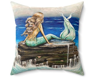 Mermaid art accent pillow coastal decor