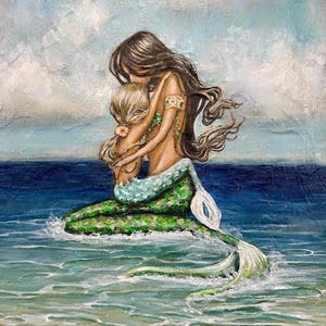 Mother Holding Daughter Mermaid Art Print, Ocean Fantasy Family Wall Art