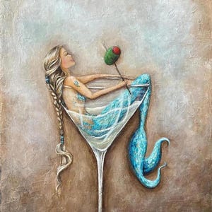 Framed Mermaid Martini Canvas Painting, Original painted coastal bar art