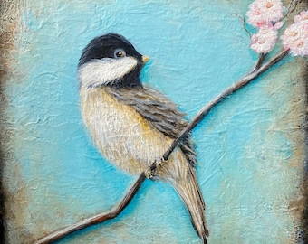 Chickadee on a cherry tree branch art print