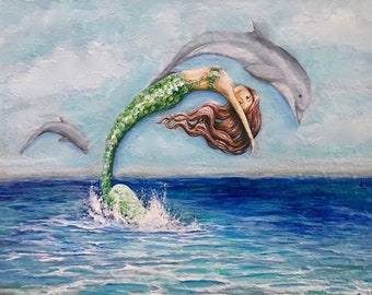 Mermaid with dolphins wall art print, beach house decor