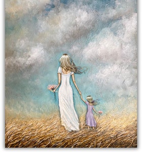 Mom and daughter holding hands art print of mothers love painting Blonde