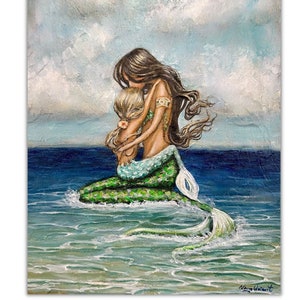 Mother's mermaid love, holding daughter beach fantasy family art print image 1