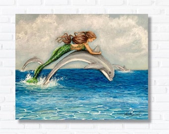 Mermaid dolphin original painting on canvas coastal art, hand painted beach house wall decor