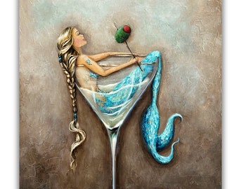 Blonde mermaid in martini glass art print coastal bar kitchen wall decor