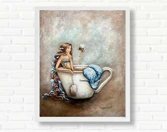 Mermaid in tea mug coastal print, teacup humor kitchen wall art decor