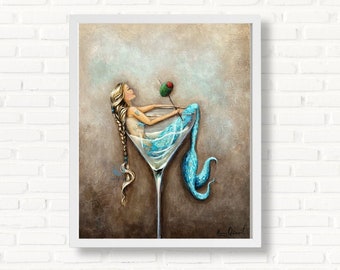 Blonde mermaid in martini glass art print, coastal bar wall decor, gift for friend