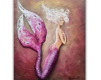 Beautiful pink mermaid artistic print of painting wall coastal print