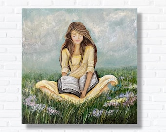 Girl reading original painting on canvas, book lover wall art decor
