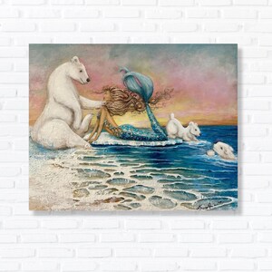 Mermaid polar bear original painting Arctic Ocean art on canvas gift for girl image 1