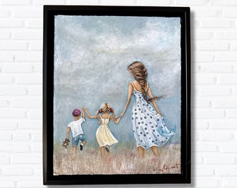 Mother, son, daughter framed original painting on canvas, mom wall art