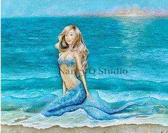 mermaid on beach art, ocean fantasy sunset print, coastal wall decor