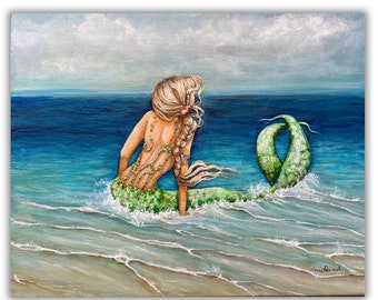 Blonde mermaid in beach water art print coastal home wall decor