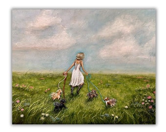 Woman walking four dogs in lush meadow art print