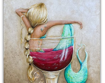 Mermaid in red wine coastal kitchen wall art with hair color options