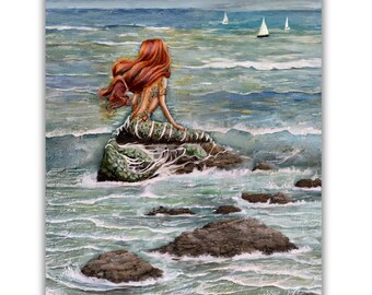 Mermaid on rock sailboats coastal beach print art