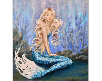 Beautiful blonde mermaid art print coastal home wall decor