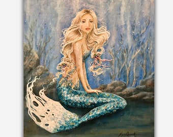 Blonde mermaid painting print, beach house wall art decor.