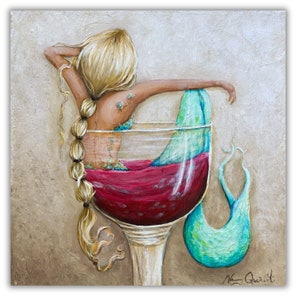 Mermaid in red wine coastal kitchen wall art with hair color options