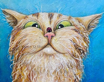 Orange tabby painting, cat humor on canvas, funny pet lover art painted by hand