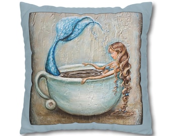Mermaid in Coffee Mug Pillowcase | Coastal Mermaid Art, Blue Tail Neutral Tones