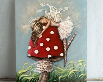 Fairy on mushroom original painting on canvas